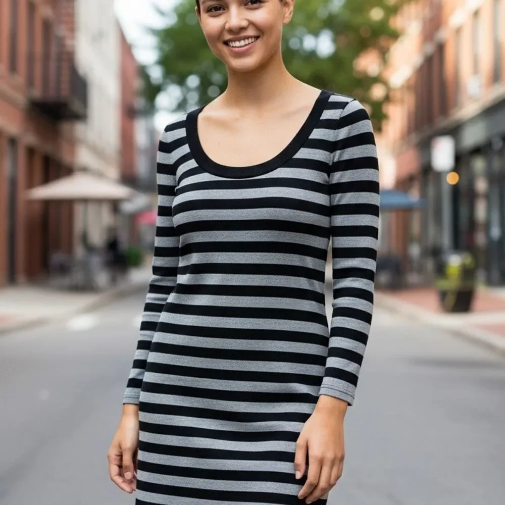 express grey sweater dress Striped Ribbed Long Sleeve Maxi Sweater Dress